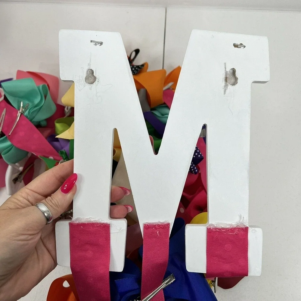 Girls Kids Hair Bow Holder Initial M White Wood Pink Ribbon 40+ Bow Lot Mix